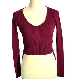 Ambience Burgundy Ribbed Crop Top Women’s M Long Sleeve Side Grommets & Ties